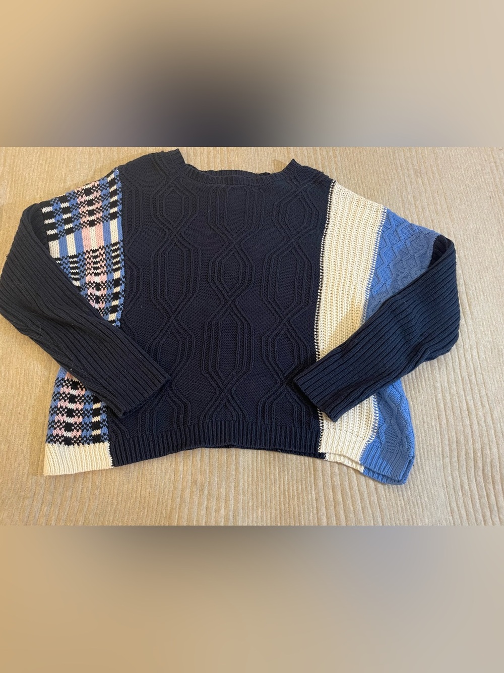 Audrey Parks Francesca’s Colorblock Cable Knit Sweater Blue Plaid Women’s L